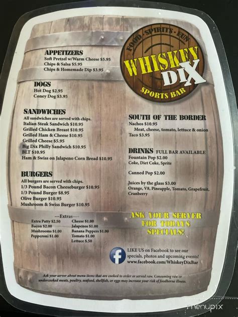 Menu Of Whiskey Dix In Saginaw MI 48601