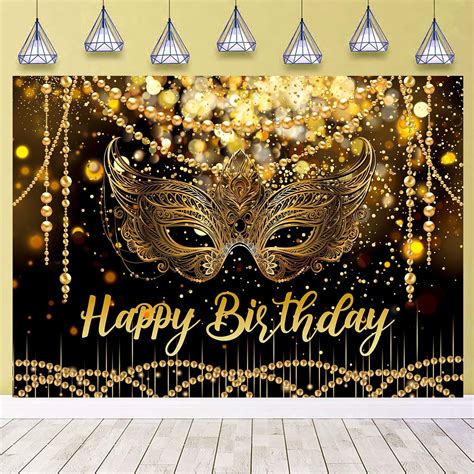 Masquerade Mardi Gras Backdrop For Happy Birthday Black Gold Glitter Mask Party