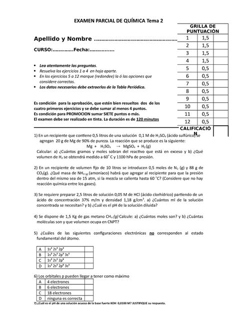 Parcial DE Quimica 2015 TEMA 2 EXAMEN PARCIAL DE QUÍMICA Tema 2