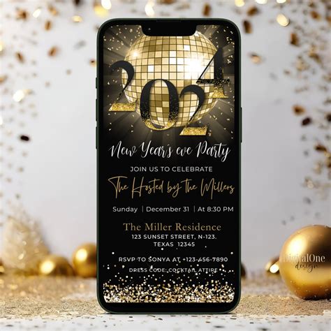 2024 New Years Eve Party Invitation Template, Gold Disco Ball Party ...