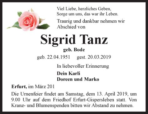 Traueranzeigen Von Sigrid Tanz Trauer In Thueringen De