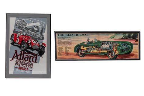 Pair Of Framed Allard Historic Race Cars Poster And Period Cut Away Of