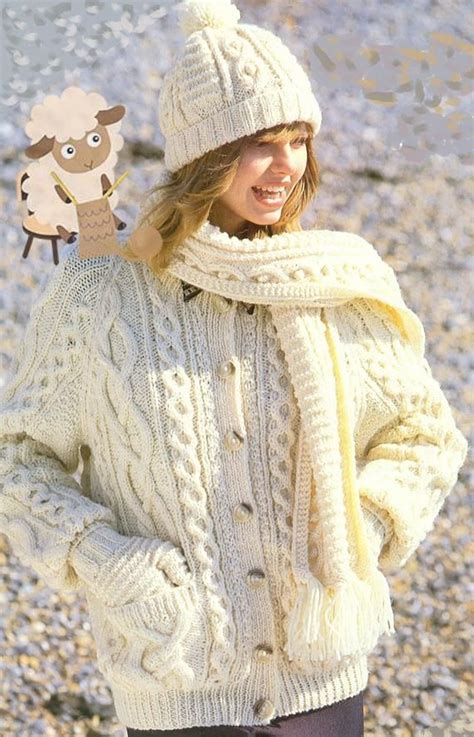 Pdf Knitting Pattern Ladies Classic Aran Cardigan Hat Mitten