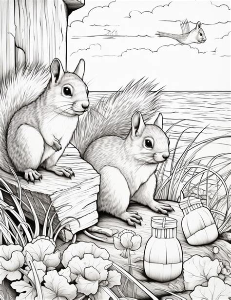 Premium Photo Coloring Pages Of Squirrels Sitting On A Log Near A