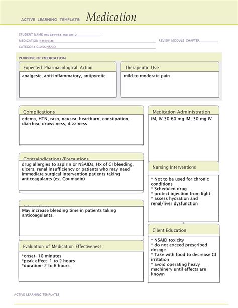 Ketorolac Ati Active Learning Template Medication 2 Student Name Mo T