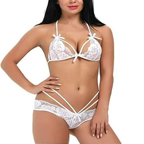 Buy Psychovest White Lace Low Coverage Stripped Bra And Panty Lingerie