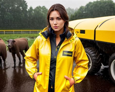 Brunette Woman In Yellow And Black Rainwear Regenkleidung Frauen