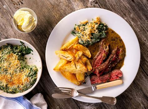 Ultimate Steak And Chips With Clotted Cream Peppercorn Sauce Food