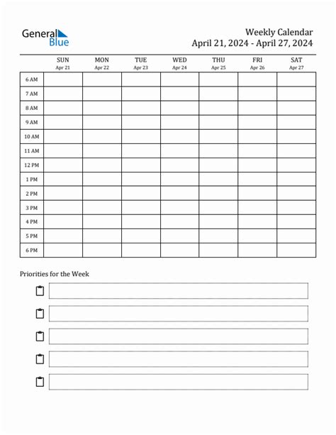 Hourly Schedule Template For The Week Of April 21 2024