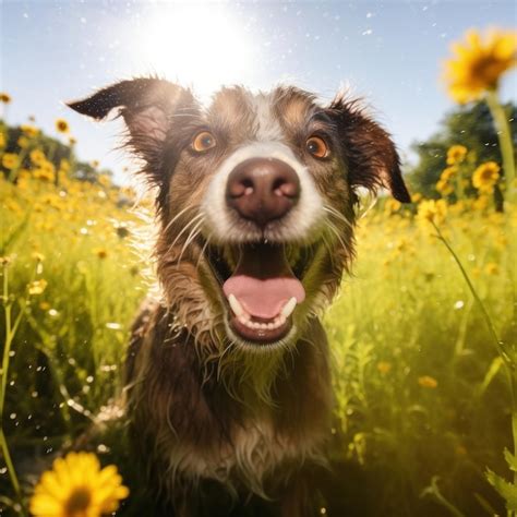 Um cachorro está correndo por um campo de flores e o sol está brilhando