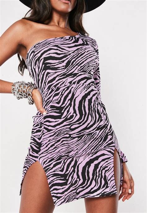 Purple Zebra Print One Sleeve Split Hem Bodycon Mini Dress Missguided