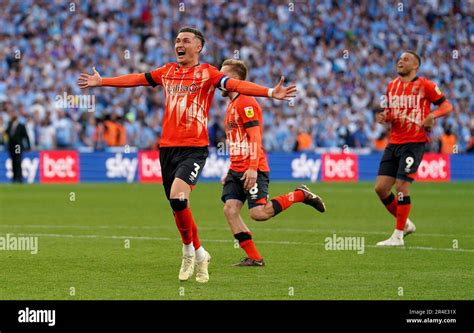 L R Luton Towns Dan Potts Carlton Morris And Luke Berry Celebrate