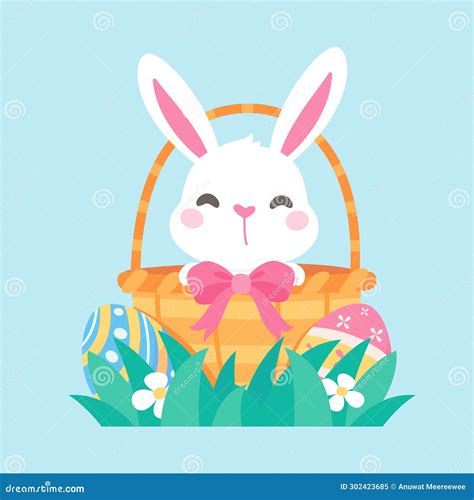 Cartoon Little Bunny In A Basket Of Easter Eggs Painted With Bright