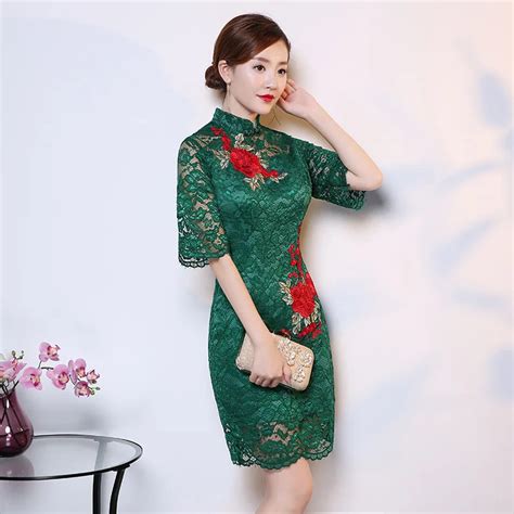 Modern Cheongsam Lace Qipao Green Chinese Traditional Dress Oriental