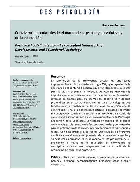 PDF Convivencia escolar desde el marco de la psicología evolutiva y