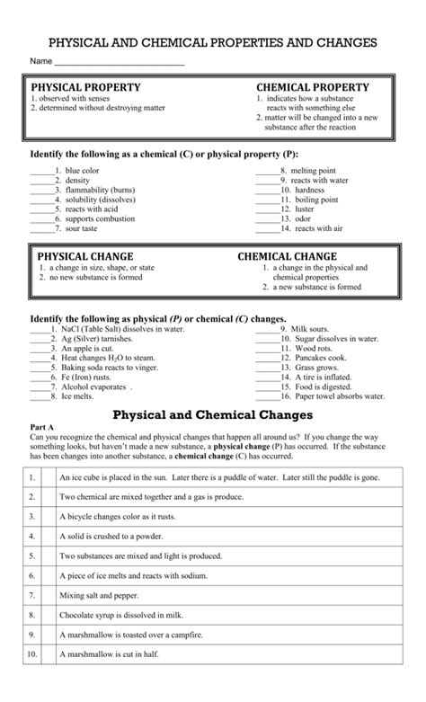 Physical and Chemical Changes Worksheet