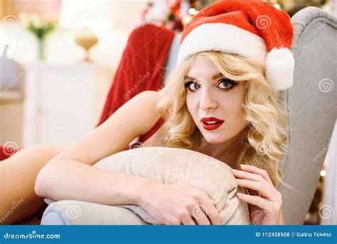 Beautiful Blonde Santa Clause In Elegant Hat And Bra Stock Photo Image Of Cute Body 112438508