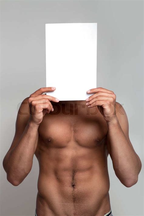 Muscular Naked Man Holding White Empty Paper Stock Image Colourbox