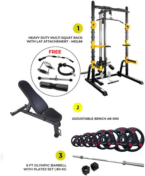 Combo Offer Squat Rack 7 Ft Bar And Plates 80 Kg Set With BH Fitness