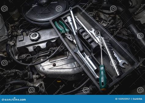 Tools Of Auto Mechanic With Engine Stock Image Image Of Male Engine