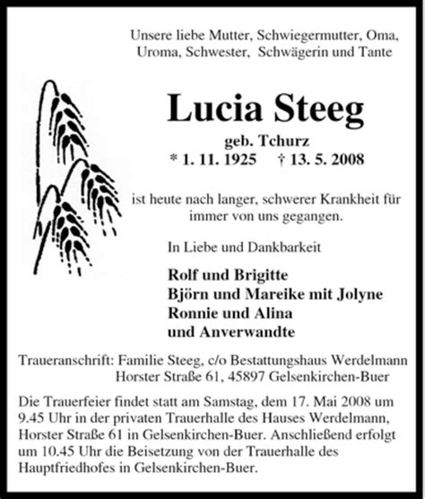 Traueranzeigen Von Lucia Steeg Trauer In Nrw De