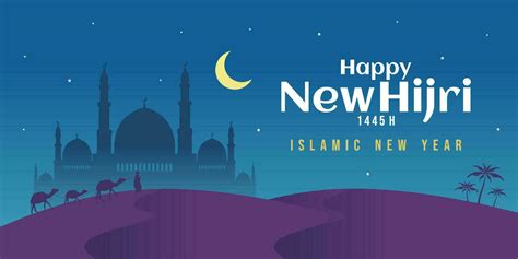 Happy New Hijri Year 1445 With Moon Star Mosque Arabic Letter 25681311 Vector Art At Vecteezy