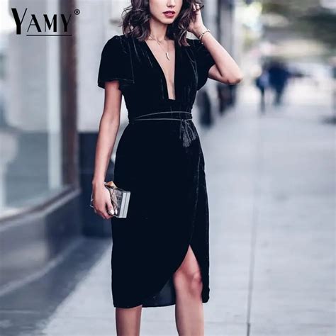 Vestido Cruzado De Terciopelo Negro Para Mujer Vestido Midi Vintage De