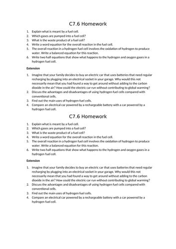 Aqa Gcse Chemistry 9 1 C76 Fuel Cells Full Lesson Teaching Resources