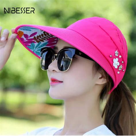 NIBESSER Pearl Packable Sun Visor Hat Summer Women Beach Sun Hats With Big Heads Wide Brim UV ...