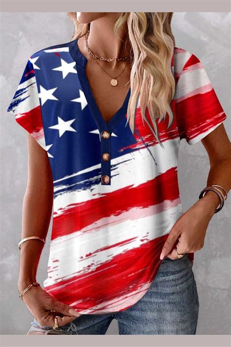 ROTITA American Flag Patchwork Red Split Neck T Shirt In 2024 Stylish