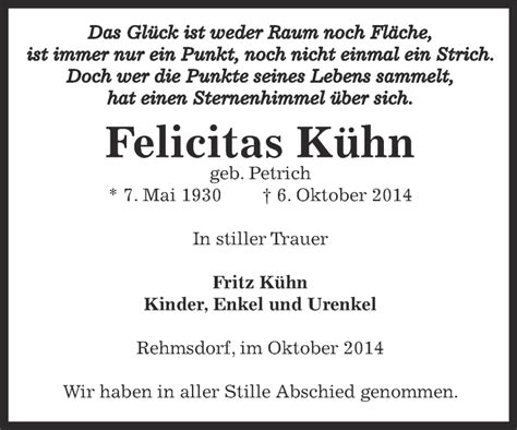 Traueranzeigen Von Felicitas K Hn Abschied Nehmen De