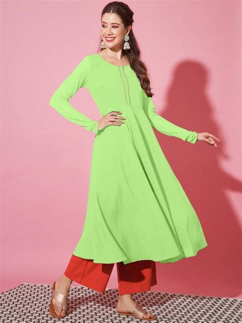 Slice Of Fashion Women Light Green Solid Crepe Single Kurta Set Jiomart