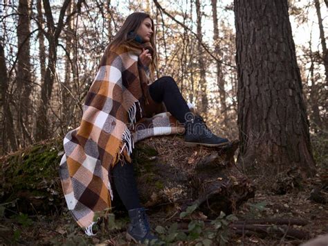 Brunette Posing In The Forest On A Fallen Tree Stock Photo Image Of Portrait People