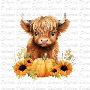 Highland Cow Watercolor Clipart Cute Fall Pumpkin Sunflower Etsy