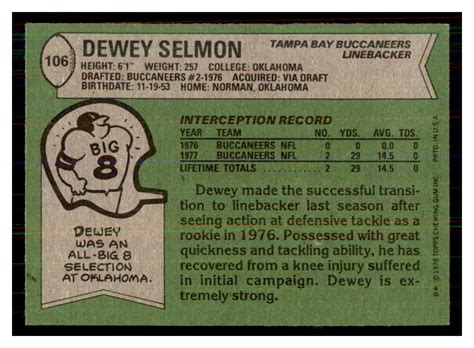 1978 Topps Dewey Selmon 106 Tampa Bay Buccaneers EBay