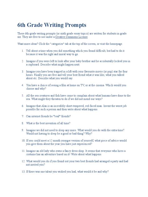 6th Grade Writing Prompts Pdf