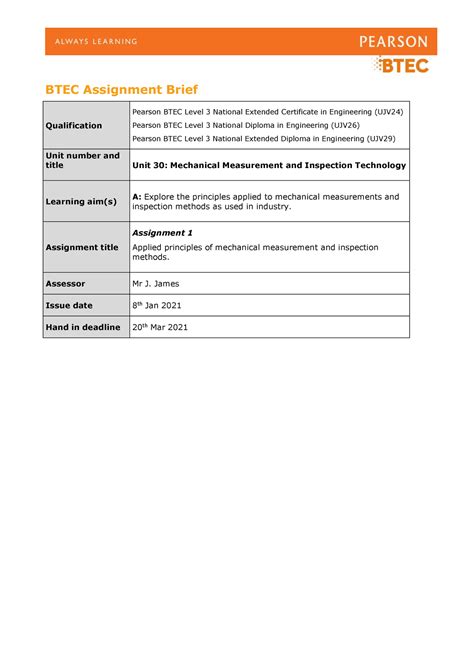 Assignment 1 Rqf Engineering Btec Assignment Brief Qualification