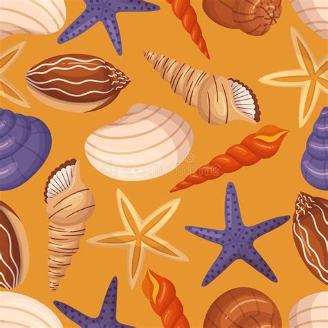 Seamless Pattern With Seashells And Starfishes In Vibrant Colors