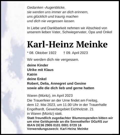 Traueranzeigen Von Karl Heinz Meinke Trauer Nordkurier