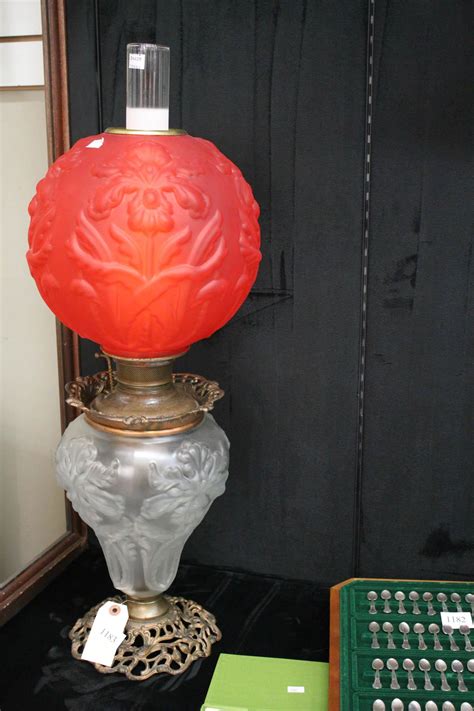Lot Antique Juno Lamp With Red Glass Shade Kerosene