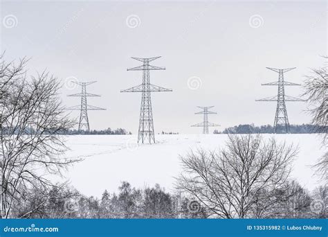 Construction Of High Voltage Pylons In Winter Stock Photo Image Of