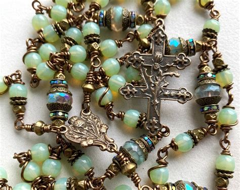 Art Nouveau Style Celadon Green Czech Glass Bead Catholic Rosary