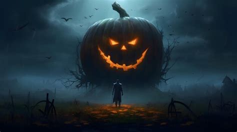 Premium AI Image | Halloween background with scary pumpkins and scarecrow