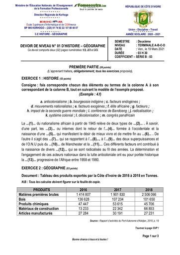 Devoir Histoire Géographie Terminale D 2021 2022