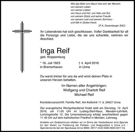 Traueranzeigen Von Inga Reif Trauer In NRW De