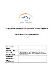 BSBFIM501 Manage Budgets And Financial Plans Learner Assessment