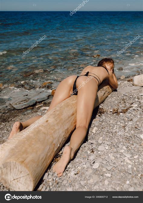 Sexy Slim Woman Bikini Posing Sea Beach Attractive Model Sporty Stock