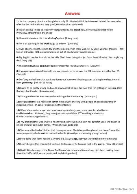 Idioms About Age Discussion Starters English Esl Worksheets Pdf And Doc