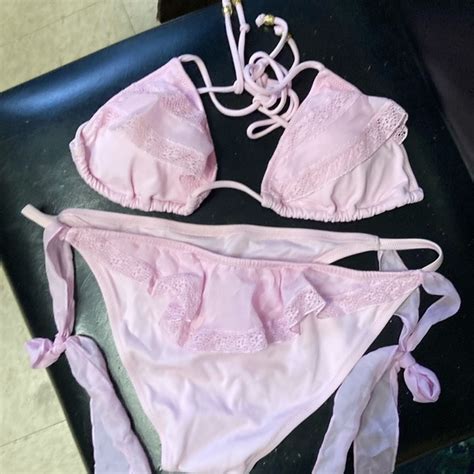 Victoria S Secret Swim Pink Lace Trim Bikini Set Poshmark