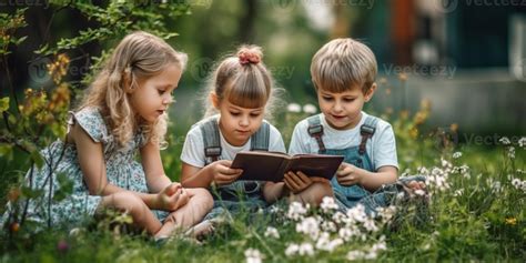 Four cute barefooted kids in summer clothes laying on green grass with ...